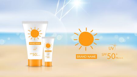 Sunblock product design mockup on beach background, cosmetic advertisement design, vector illustrationのイラスト素材