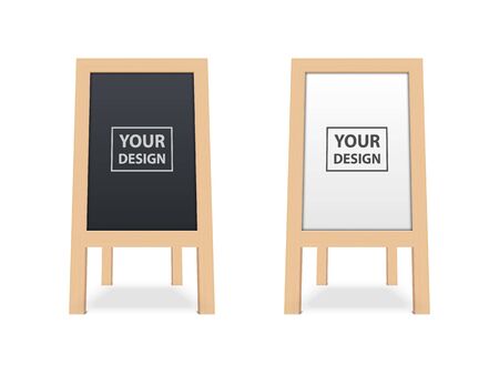 Realistic blank white and black wooden board, outdoor advertising stand mock up isolated on white background, vector illustrationのイラスト素材