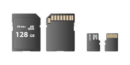 Memory card, SD card and micro SD card isolated on white background, front and back view, vector...