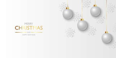 Christmas balls background, Hanging white christmas balls and snowflakes, vector illustrationのイラスト素材