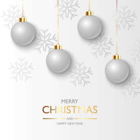 Christmas balls background, Hanging white christmas balls and snowflakes, vector illustrationのイラスト素材