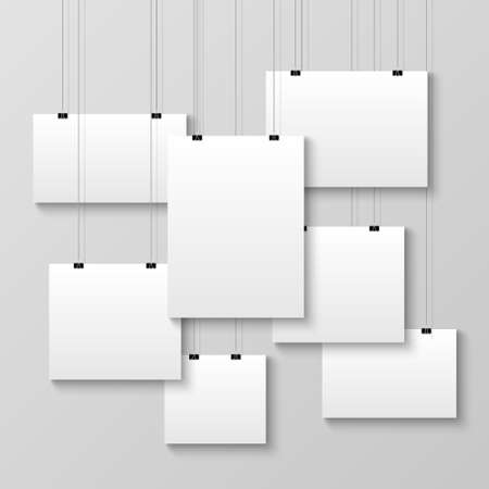 Realistic hanging blank poster template mockup, vector illustrationのイラスト素材