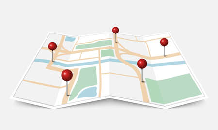 Folded paper city map with red pin pointer, vector illustrationのイラスト素材
