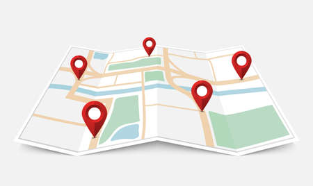 Folded paper city map with red pin pointer, vector illustrationのイラスト素材
