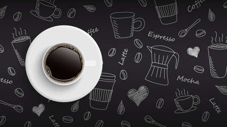 Coffee cup on hand drawn doodle coffee background, vector illustrationのイラスト素材