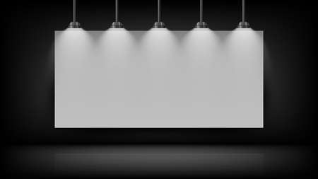 Empty white board mockup on black wall with light bulb on the top, vector illustrationのイラスト素材