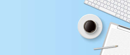 Flat lay minimal work space, Top view office desk with computer keyboard, clipboard and coffee cup on blue color background with copy space, vector illustrationのイラスト素材