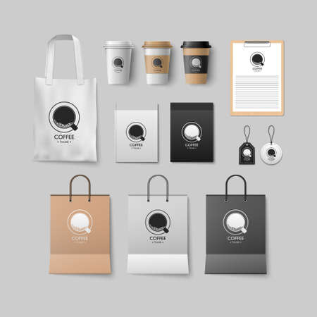 Coffee shop mockup set, coffee package design for corporate, vector illustrationのイラスト素材