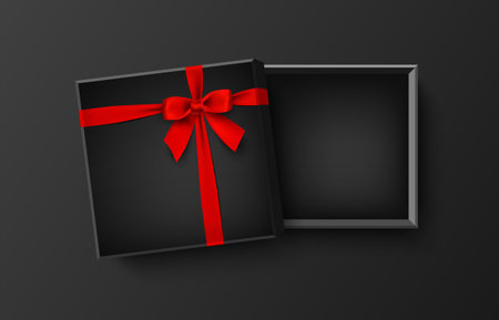 Opened black empty gift box with red bow and ribbon, vector illustrationのイラスト素材