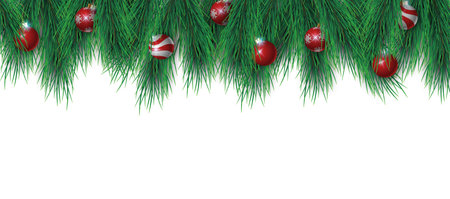 Christmat tree branches and christmas balls isolated on white background, vector illustrationのイラスト素材