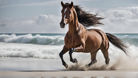 Bay horse running on the beach with waves in the background, horizontalの素材
