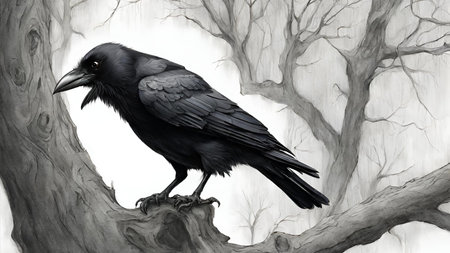 Black crow sitting on a branch in the forest. 3d renderingの素材