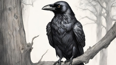 black crow sitting on a tree branch in the forest - digital paintingの素材