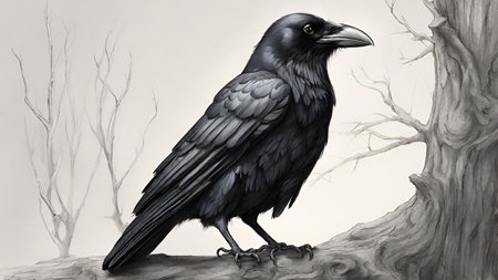 Black crow sitting on a tree branch, 3d digitally rendered illustrationの素材