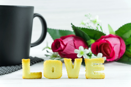 Roses on wooden board, Valentines Day background, wedding day.の写真素材