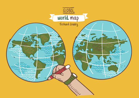 Global world map sketch vector, freehand drawingのイラスト素材