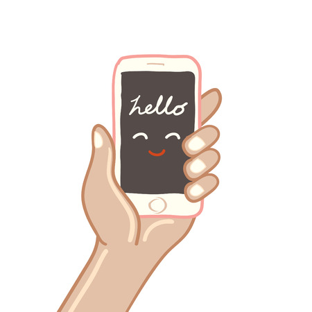 Hand holing smart phone Isolated on white background, freehand drawing vector Illustrationのイラスト素材