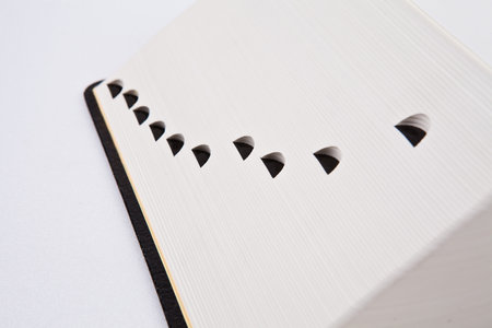 Close up of a white note book with black cover on white background