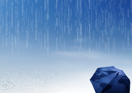 Conceptual image with world map against blue sky with binary codeの写真素材