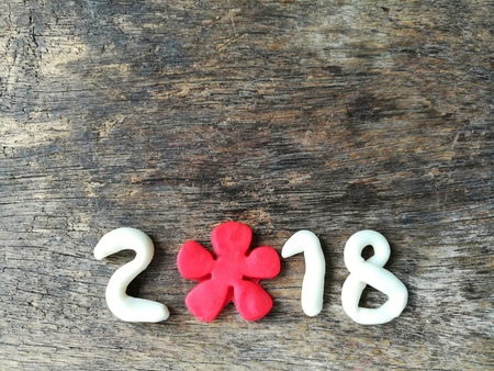 Number year 2018 made from clay plasticine, a number o created beautiful red flower are put on below on dark wooden background,festival doughの写真素材