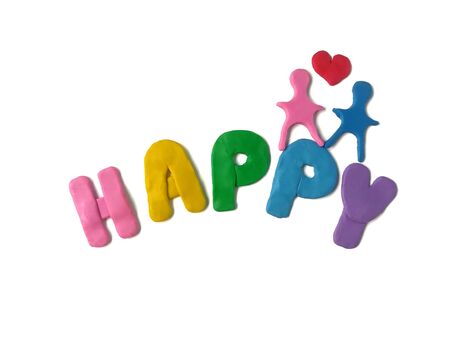 Happy text with heart and children running above are made from colorful plasticine clay on white background, cute shaped are doughの写真素材