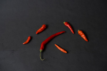 some red chillies on the dark tableの写真素材