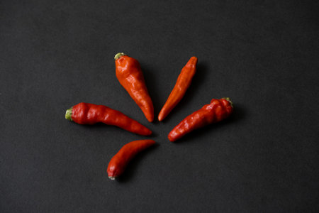 some red chillies on the dark tableの写真素材