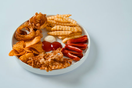 Mix platter consisting of onion ring, french fries, sausage, and served on a plate with mayonnaise and tomato sauce.の写真素材