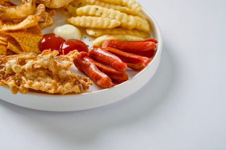 Mix platter consisting of onion ring, french fries, sausage, enoky mushrooms, tortilla and served on a plate with mayonnaise and tomato sauce. Copy space snack conceptの写真素材