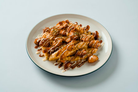 Fried fries topped with mayonnaise and cheese, served on a white plate.の写真素材