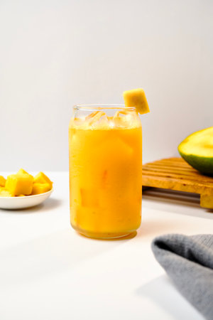 Fresh mango juice and ice cubes in a transparent glass with some pieces of mango in the background. healthy drink.の写真素材
