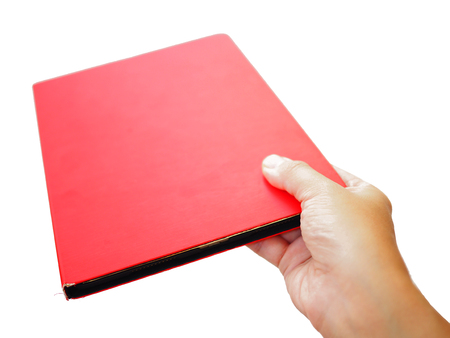 Right lady woman hand holding giving red leather tablet cover book, white backgroundの写真素材