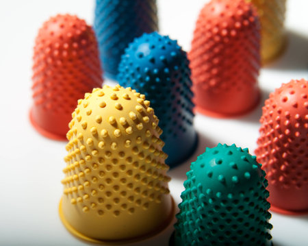 Colorful rubber thimbles standing against a plain background の写真素材