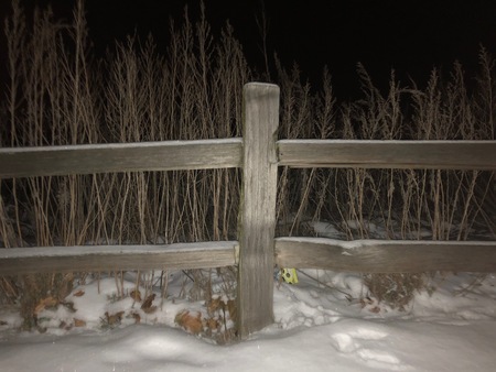 night photograph of fresh snow in Minneapolis, Minnesota over a wooden fence around a golden field.  の写真素材