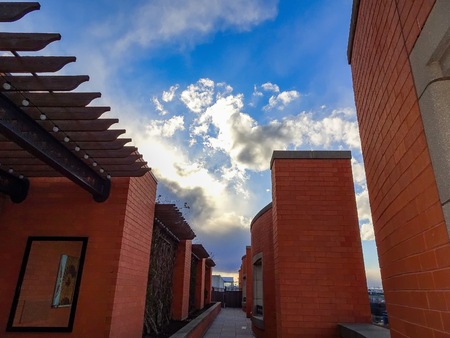 rooftop patio in the city during sunsetの写真素材