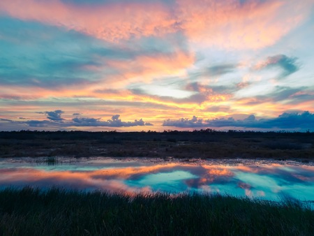 stunning sunset reflects into a river in the swamp