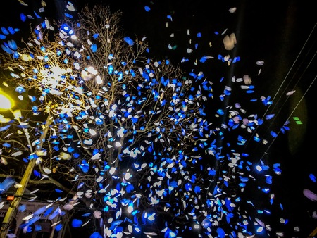 blue and white confetti at night during a Mardi Gras paradeの写真素材