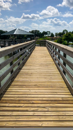 raised wooden boardwalk in the marshの写真素材