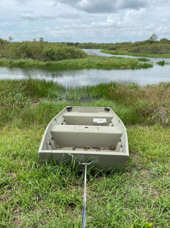 Tin boat on the shore of the swampの写真素材