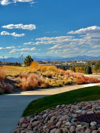 A view of a park in the city of Denver, Colorado.の写真素材