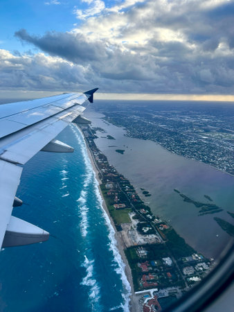 Aerial view of the Florida Keys from an airplane window during flight
