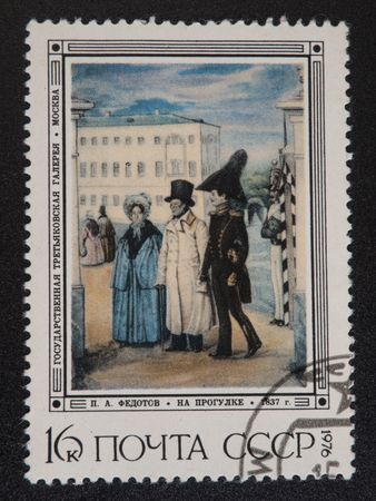 vintage stamp depicting picture of artist Fedotovの写真素材