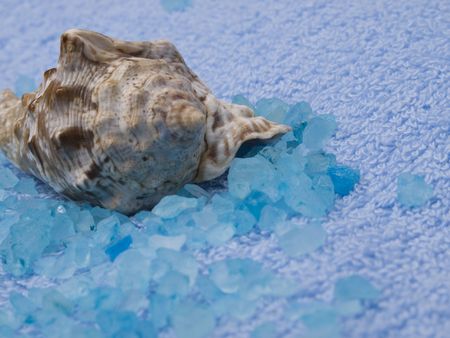 Marine salt, cockleshell and blue towelの写真素材