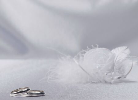 Two silver weddings rings and floral  decorationの写真素材