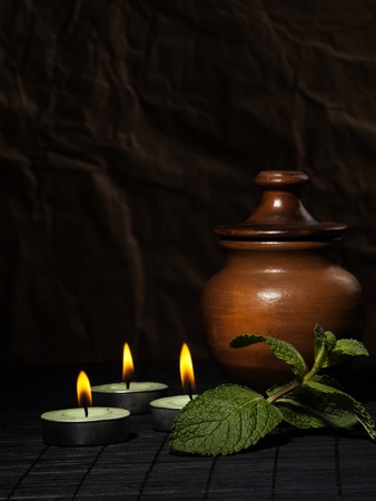 Spa concept with candles and mintの写真素材