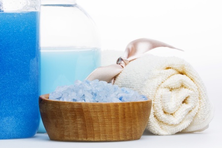 Towel, salt for bath,  liquid soap, shampooの写真素材