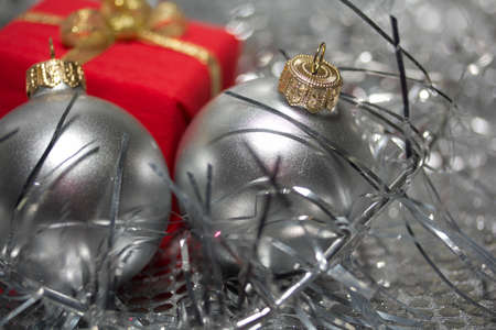 Christmas still life with decorations and for a fir-treeの写真素材
