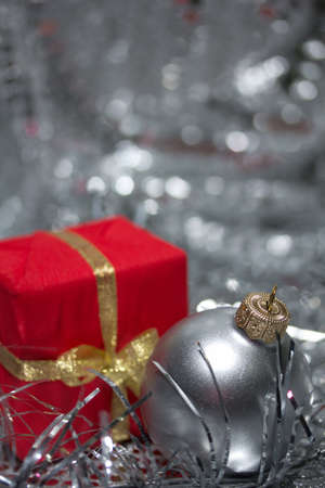 Christmas still life with decorations and for a fir-treeの写真素材
