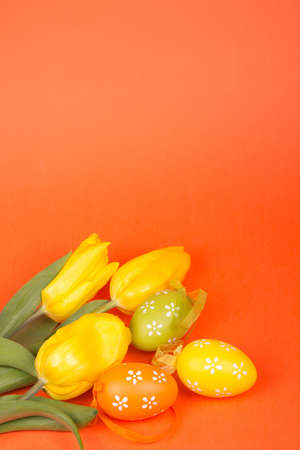 Colorful Easter eggs on a orange backgroundの写真素材