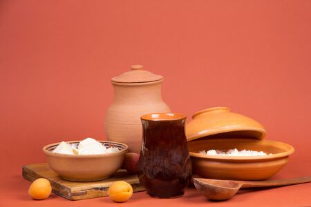 Rustic style still life with with dairy productsの写真素材